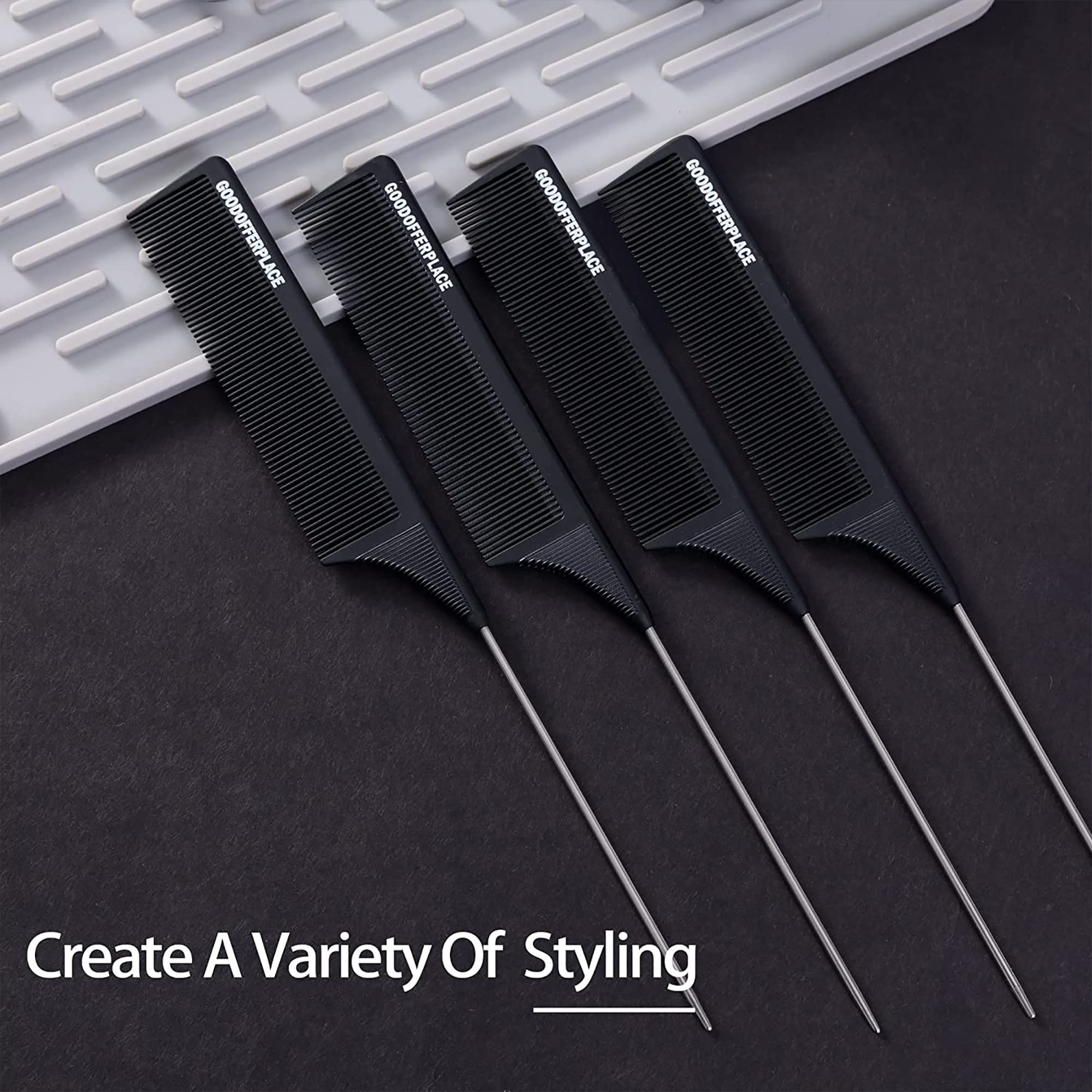 Goodofferplace 4 PCS Rat Tail Combs Parting Rattail Combs Teasing Fine Tooth Comb with Metal Pick for Curly Hair,Detangling Combs for Women,Parting Combs for Braiding,Styling Hair(Black)