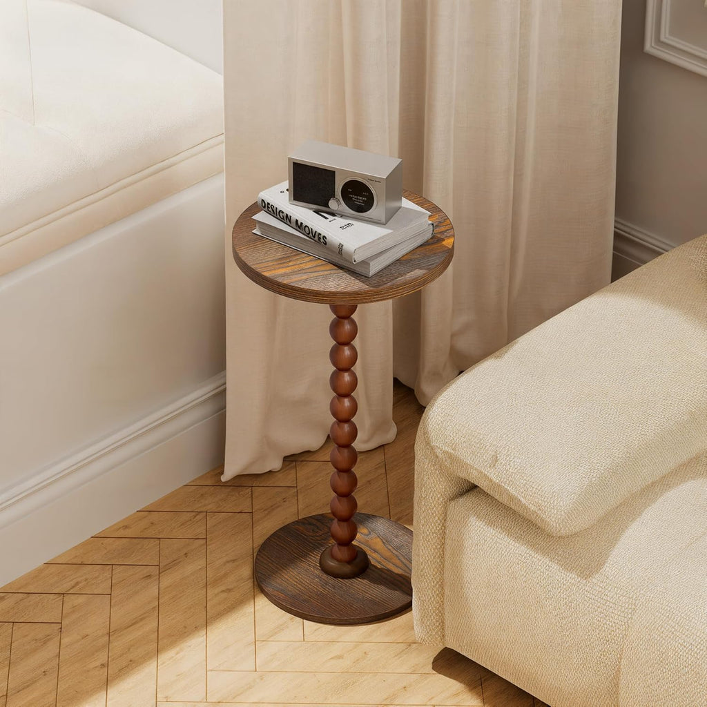 Round Side Table, Drink Table for Small Spaces, Modern Accent Nightstand with Rubberwood Leg for Living Room, Bedroom, Corners, and Office (Brown)