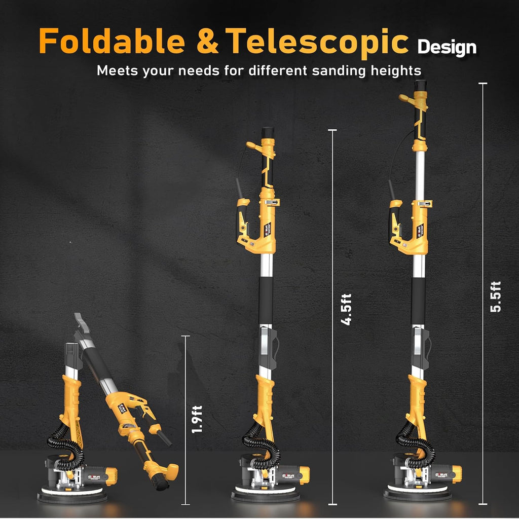 GEVEELIFE Drywall Sander, 880W 7.33A Electric Drywall Sander with Vacuum Dust Collector, 5 Variable Speed 1000-2100RPM, LED Light, Foldable & Extendable Handle, 12 Sanding Discs