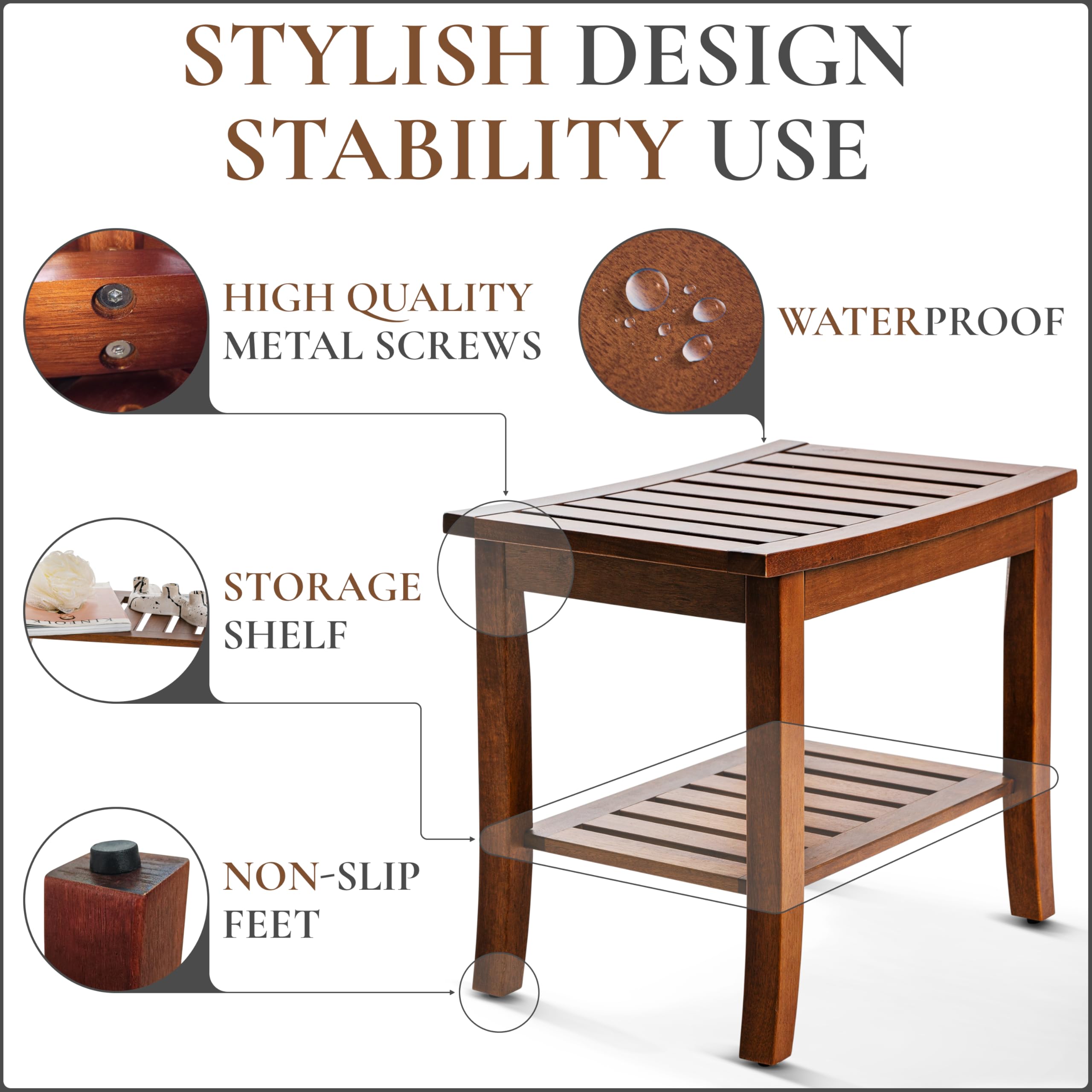 Teak Shower Bench with Storage Shelf, Shower Stool for Inside Shower, Waterproof Shower Bench Seat, Shower Chair for Inside Shower, Wood Bench, Bathroom Bench, Wooden Stool for Adults Sitting