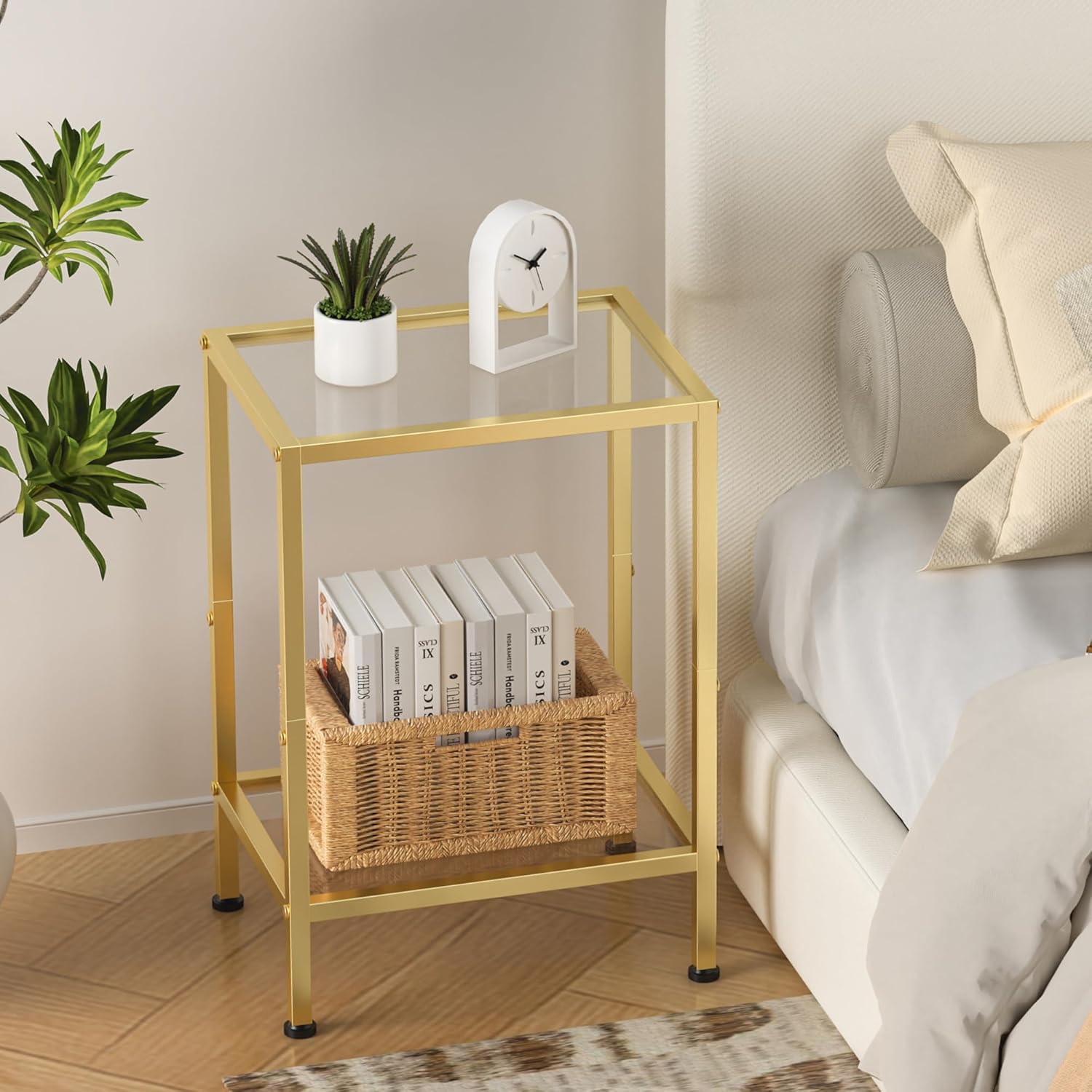 Gold Side Table, Tempered Glass End Table, 2-Tier Nightstands with Open Shelves, Small Coffee Table with Modern Style, Accent Table Small Table Sofa Table for Living Room, Bedroom