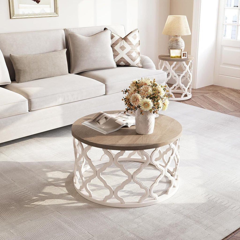 karlott Farmhouse Coffee Table, French Country Round Coffee Table, Distressed Wood Top with Curved Motif Frame Base for Boho, Living Room