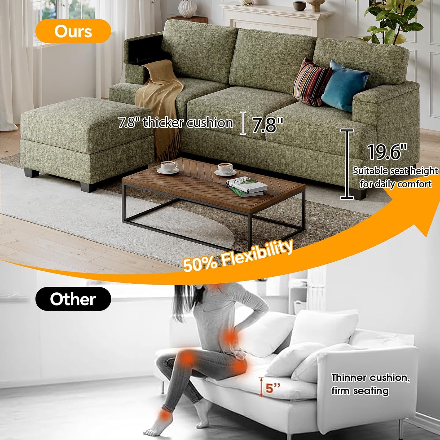 85'' L Shaped Couch with Armrest Organizer,Comfy 3 Seats Sofa with Thick Cushion,Chenille Sectional Couches for Living Room,Bedroom,Apartment,Sofa Set with Oversized Chair,Home Furniture,Green