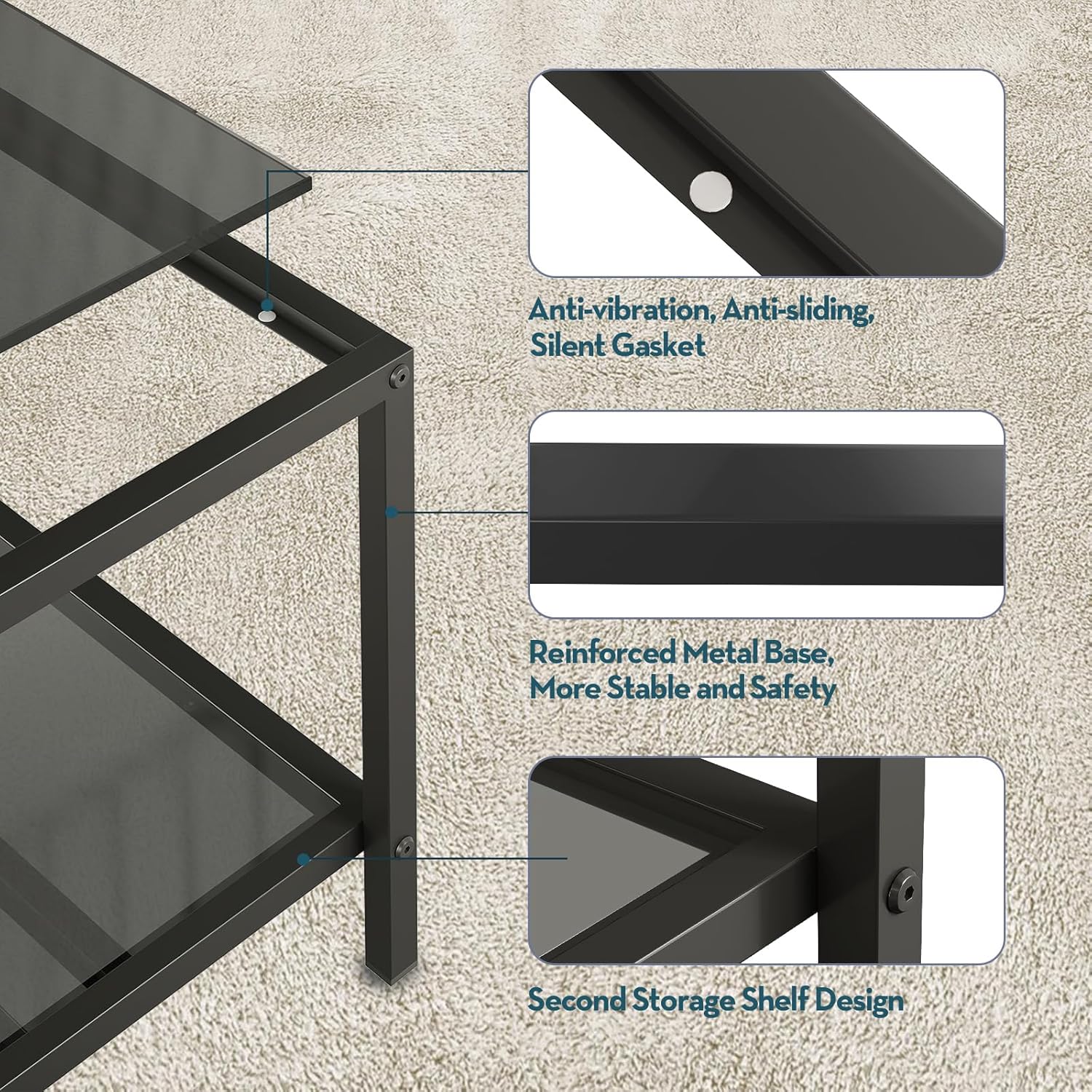 SAYGOER Modern Coffee Table Small Glass Coffee Table with Storage 2-Tier Simple Square Center Table for Living Room Home Office Sofa Table with Metal Frame 26.7 x 26.7 x 17.7 Inches, Gray Black