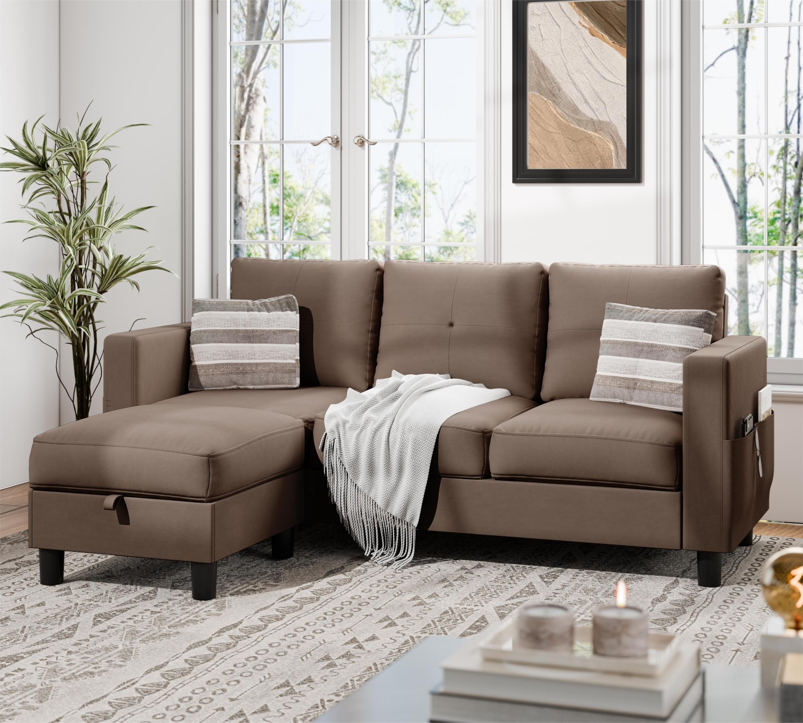 JAMFLY Sectional Sofas Couches for Living Room, L Shaped Couch with Storage Sofa Set, Small Couches for Small Spaces with Movable Ottoman, Dark Grey