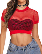 Avidlove Top Corto Transparente para Mujer Camiseta de Manga Corta de Red Transparente Cuello O Bikini Pulóver Rojo, S