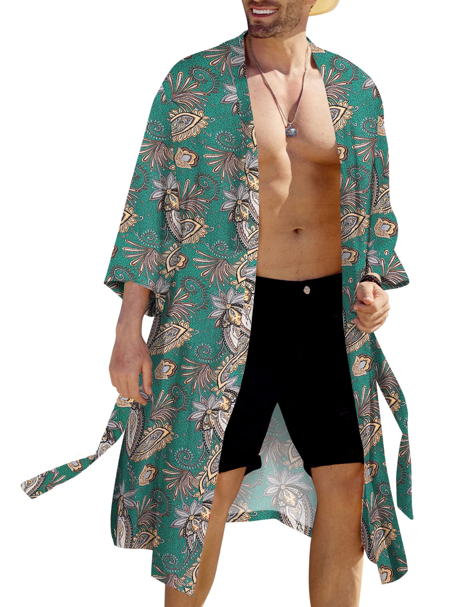 COOFANDY Men's Lightweight Kimono Robe Japanese Bathrobes Open Front Long Cardigan Cloak with Belt
