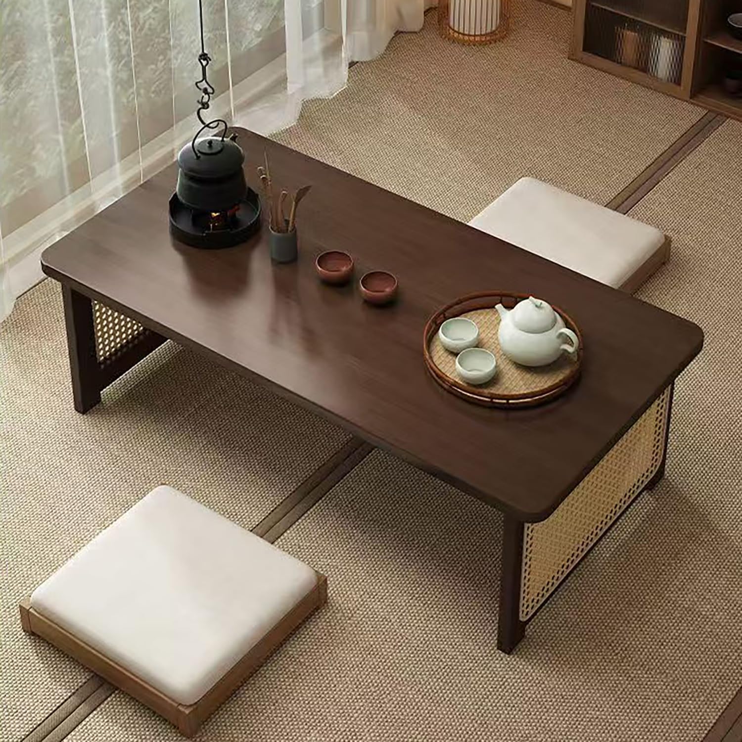 Japanese Floor Table Bamboo Folding Coffee Table Portable Solid Wood Japanese Coffee Table, No Assembly Japanese Dining Table for Sitting on The Floor, Easy Storage(31.5 * 18.9 * 13.8in.)