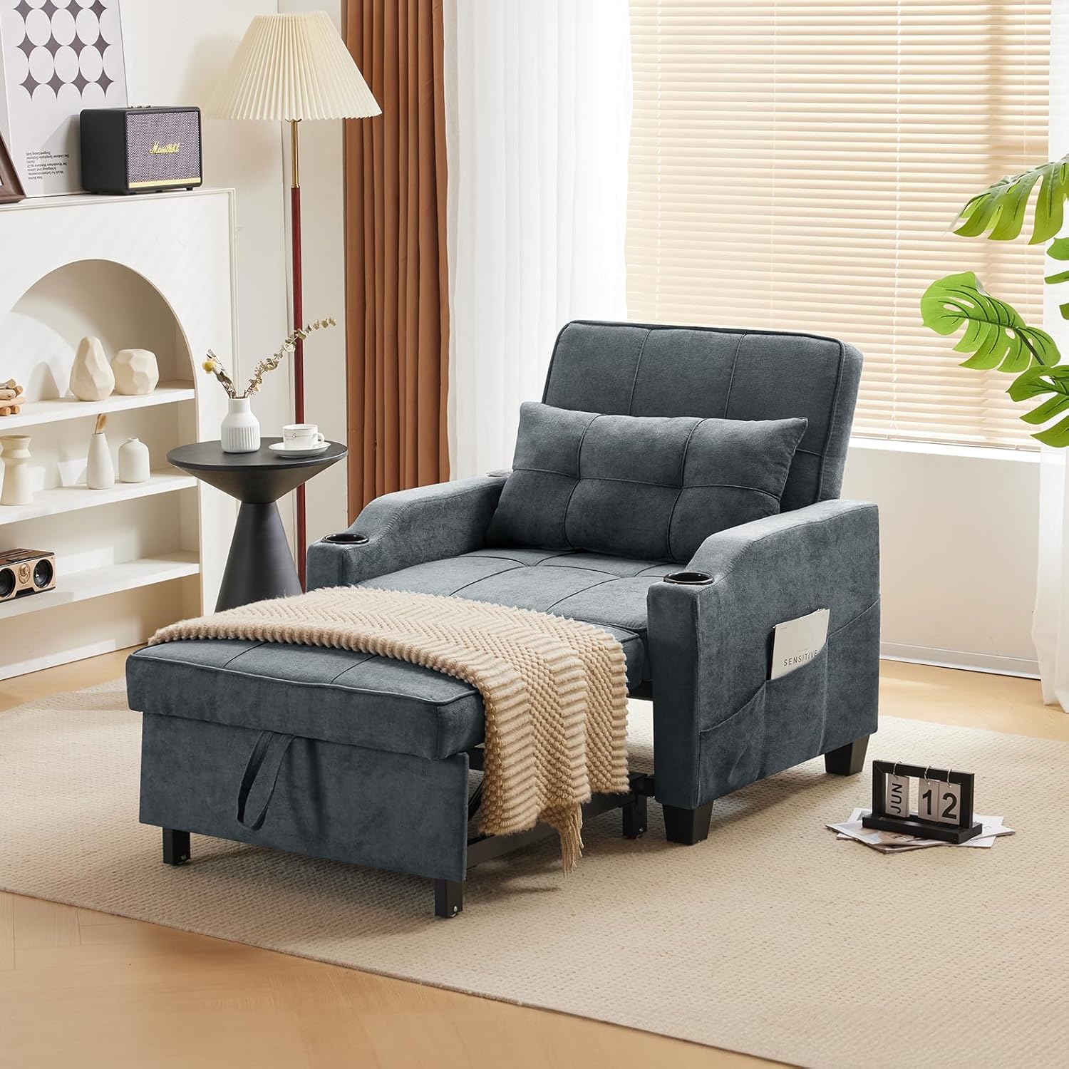 VINGLI Sleeper Chair 3-in-1 Convertible Sofa Bed Adjustable Recliner Sofa Modern Pull Out Couch Bed with 2 USB Ports 2 Cup Holders 2 Side Pockets for Living Room Bedroom Small Spaces, Dark Grey