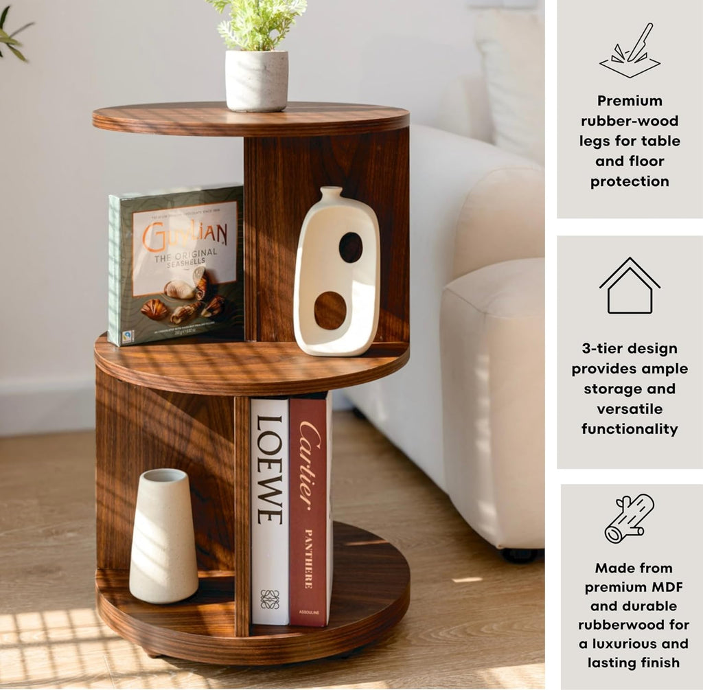 KAYMILY Living Room Side Table, Office Round Bookshelf End Table, Bedroom Mid Century Modern Nightstands, Contemporary Accent Tables - Easy Assembly - MDF Wood - Stationary - Walnut