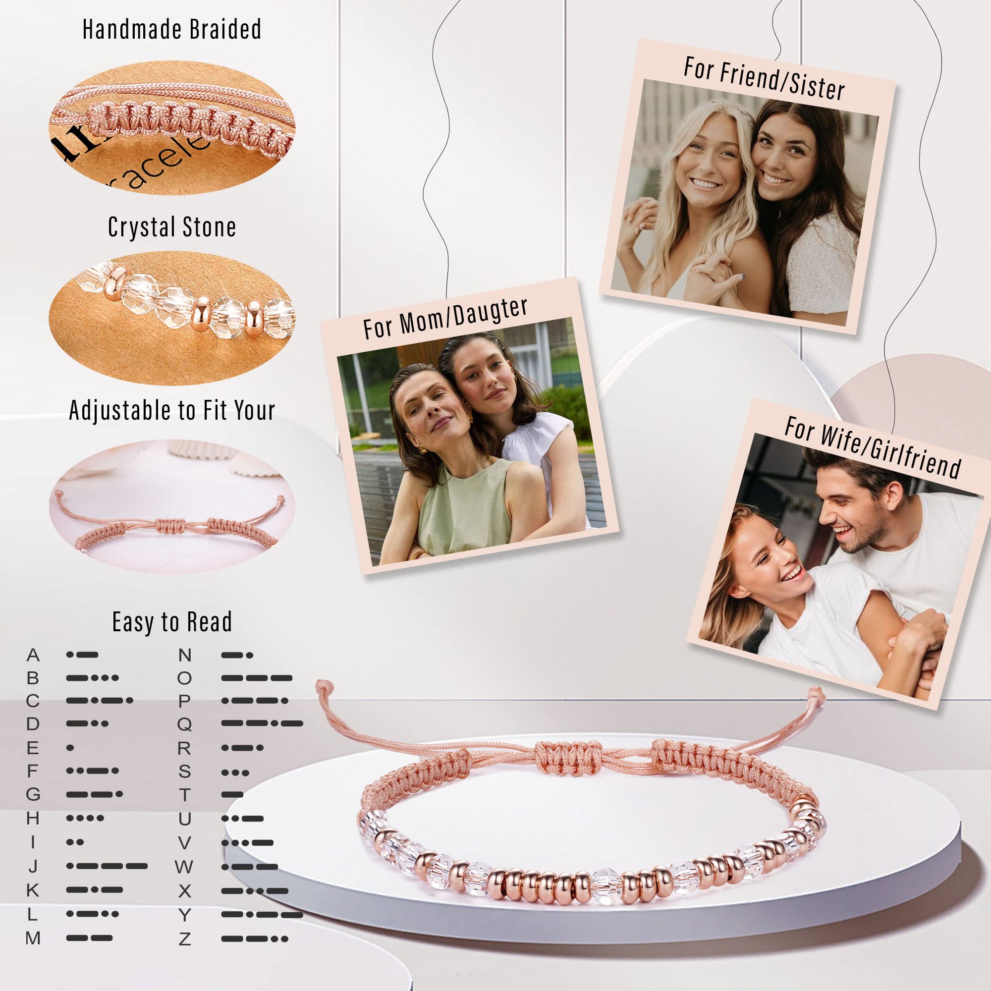 Motivational Gifts for Women Stocking Stuffers for Teen Inspirational Morse Code Bracelets for Her Daughter Sisters Gifts from Sister Adjustable Handmade Braided Link Pink Birthday Christmas Jewelry