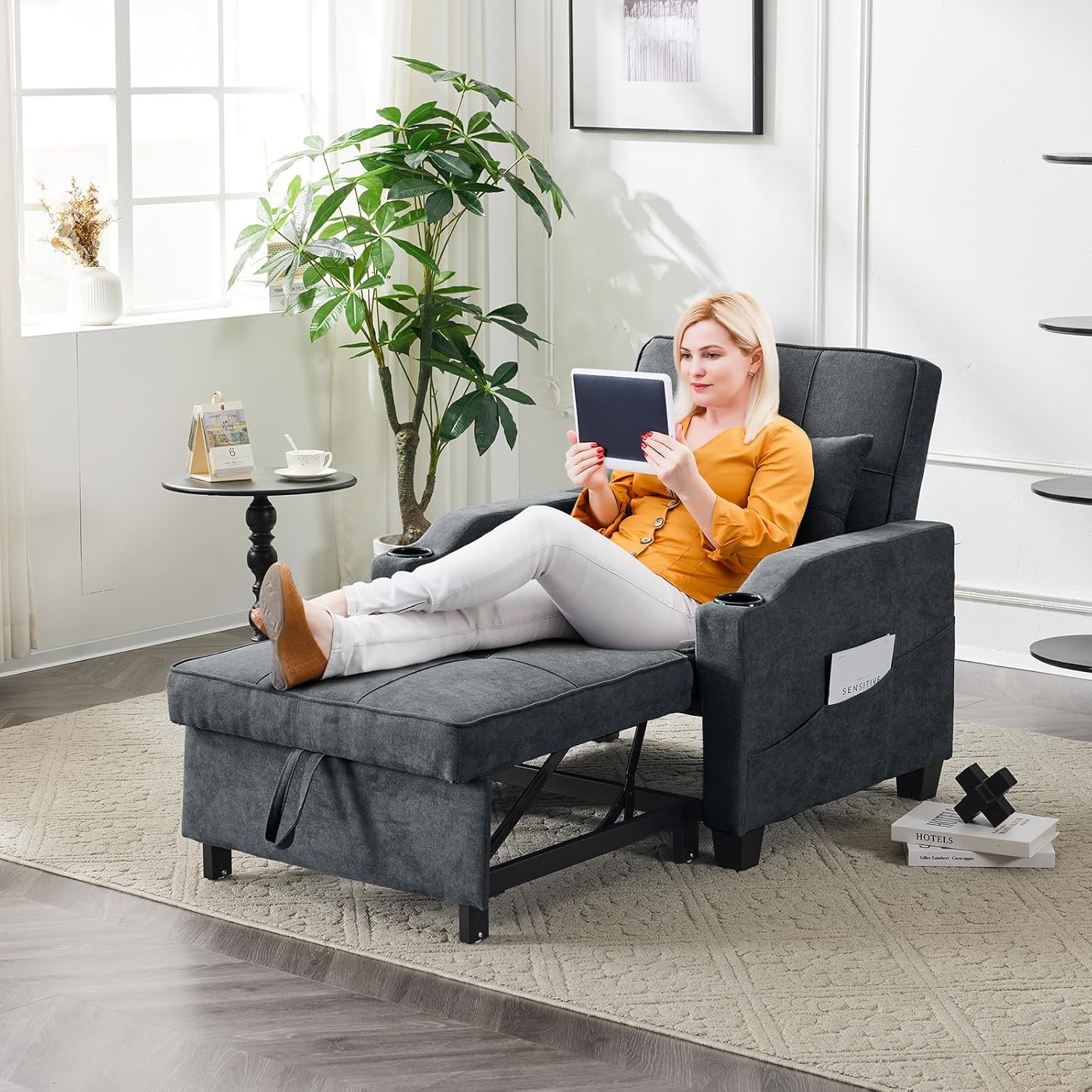 VINGLI Sleeper Chair 3-in-1 Convertible Sofa Bed Adjustable Recliner Sofa Modern Pull Out Couch Bed with 2 USB Ports 2 Cup Holders 2 Side Pockets for Living Room Bedroom Small Spaces, Dark Grey