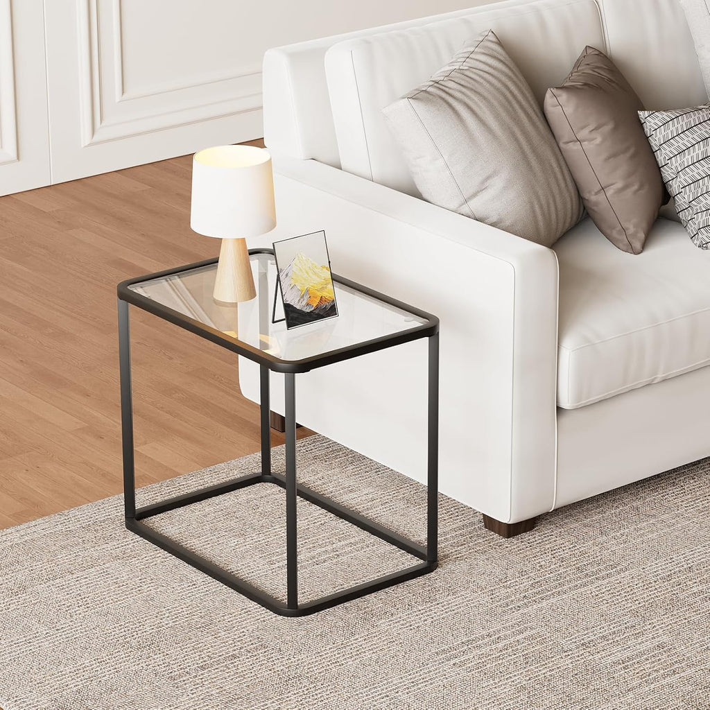 Garden 4 you Glass Side Table, Rectangle End Table with Metal Frame, Modern Bedside Table for Office, Bedroom, Living Room, Study, Small Spaces,Easy Assembly,23.6x15.7x20.8 Inches,Black