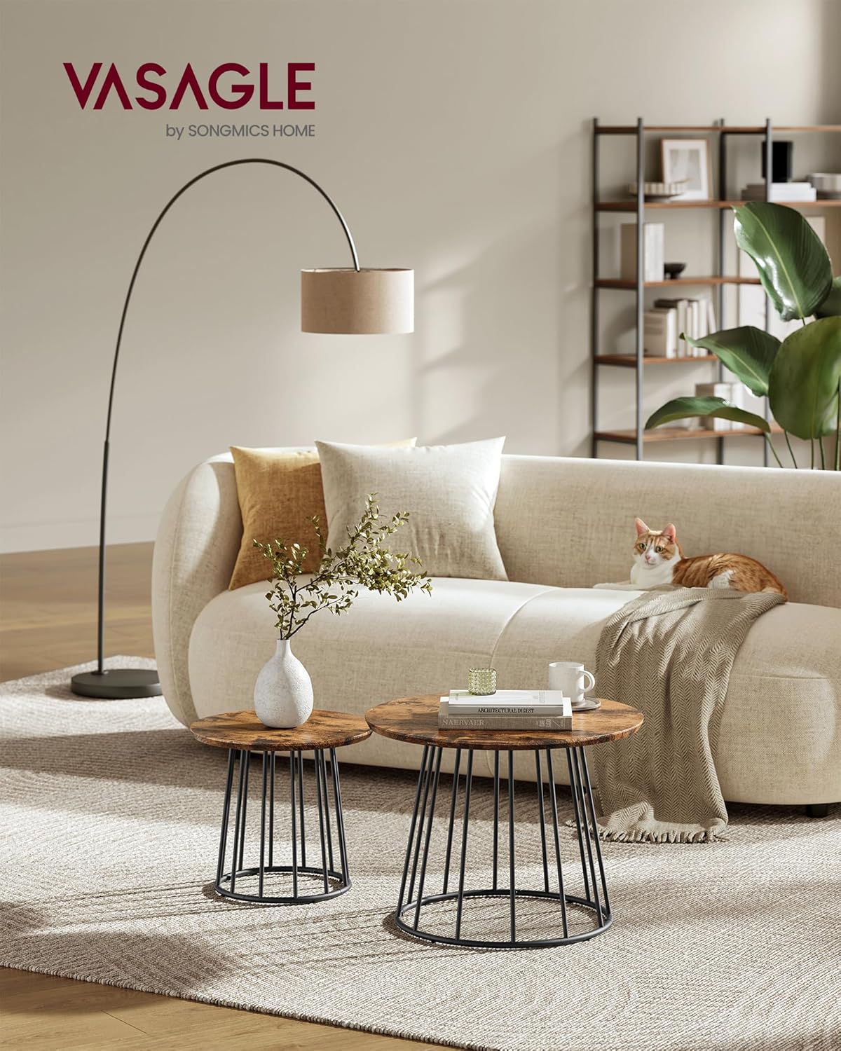 VASAGLE Round Coffee Tables, Set of 2, Modern Circle Side Tables with Steel Frame, for Living Room, Bedroom, Rustic Brown ULCT045K01