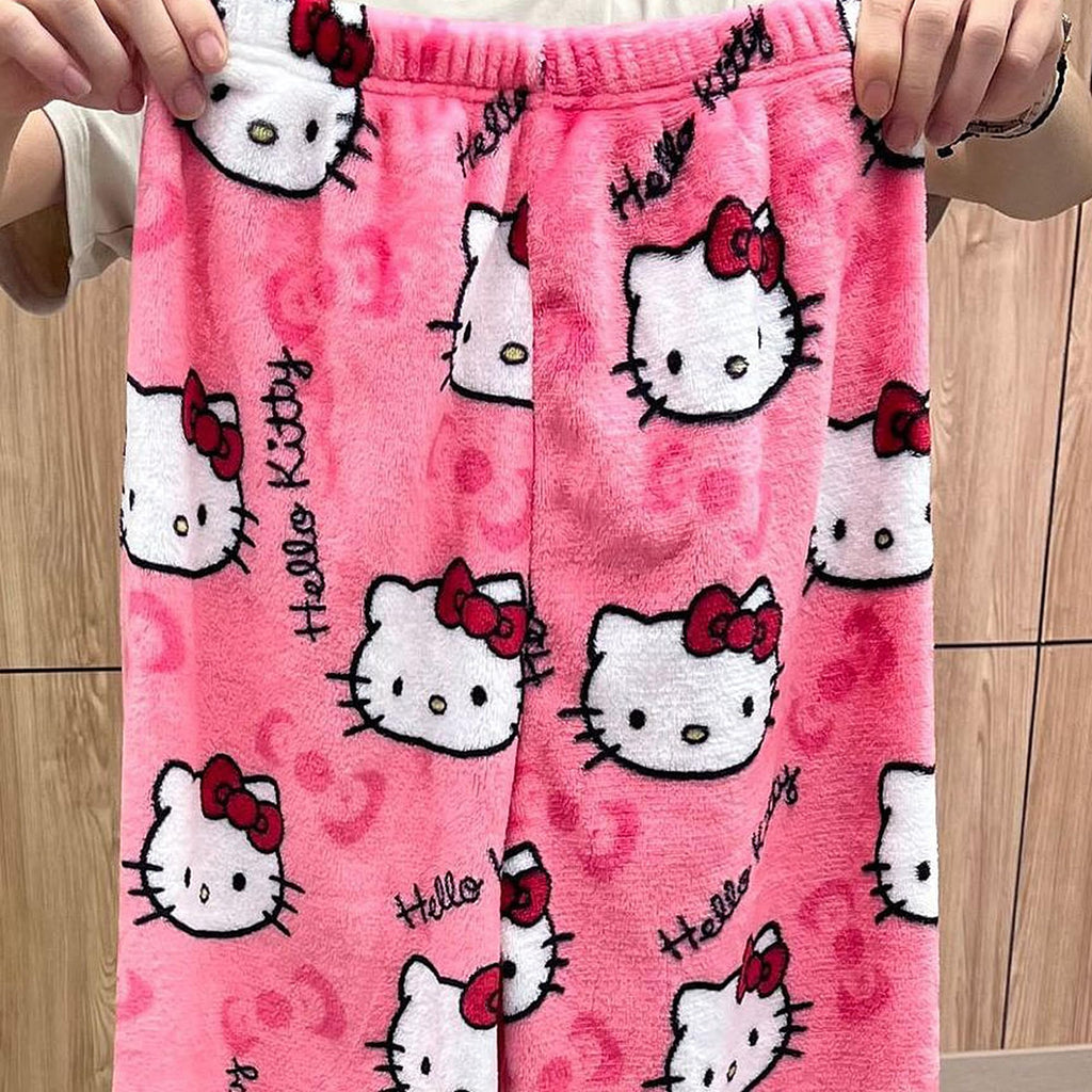 Kawaii Pajamas for Women Girls Cartoon Cat All Over Print Flannel Christmas Halloween Anime Soft Sleep Pajamas Pants,Style-2,M