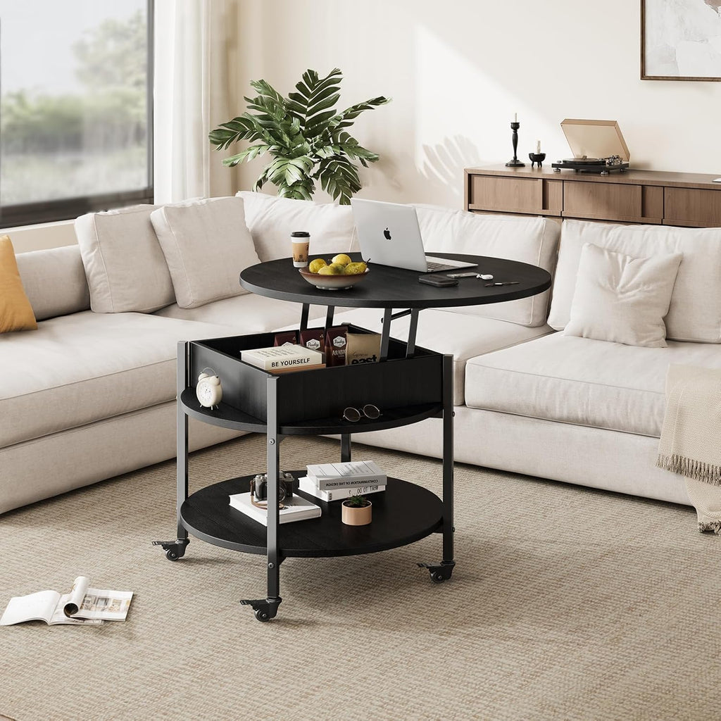 Mid Century Black Coffee Table, 26.77” Lift Top Coffee Table with Removeable Wheels, Hidden Compartment and Open Shelf, Wood Lift Tabletop Central Dining Table for Living Room, Home Office