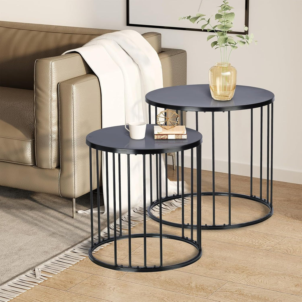LEWIS&WAYNE Outdoor Side Table Set of 2, Metal Circle Accent End Tables for Balcony Backyard Garden Indoor Living Room, Durable Black Nesting Coffee Tables, 20”+16” Dia