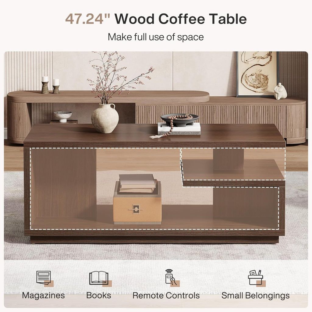 Tribesigns 47.24" Coffee Table with Storage Shelf, Mid-Century Modern Center Table, 3-Tier Rectangle Wooden Tea Table with Thick Base for Living Room, Walnut