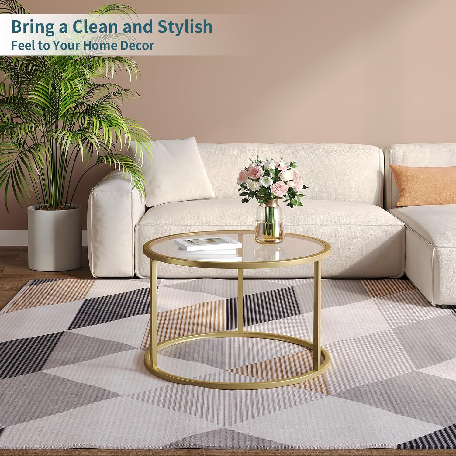 SAYGOER Small Glass Coffee Table Round Gold Coffee Table for Small Space Modern Simple Center Table with Gold Frame for Living Room Home Office, Easy Assembly