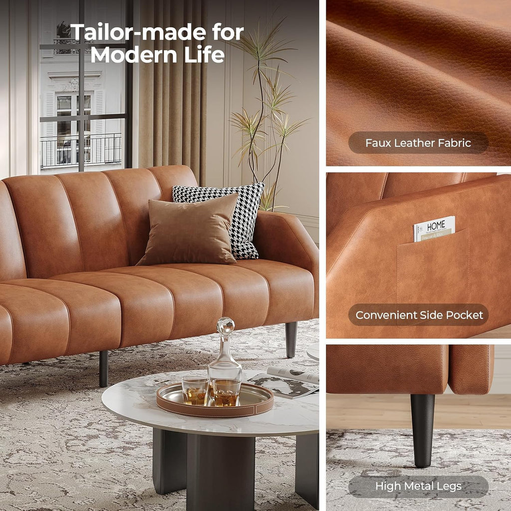 Fadware 78'' Futon Sofa Bed Couch, 2 Seater Faux Leather Futon Sleeper Couches with Adjustable Sofa Backrest, Convertible Loveseat Sofa Bed for Living Room, Bedroom, Office, Loft, Brown