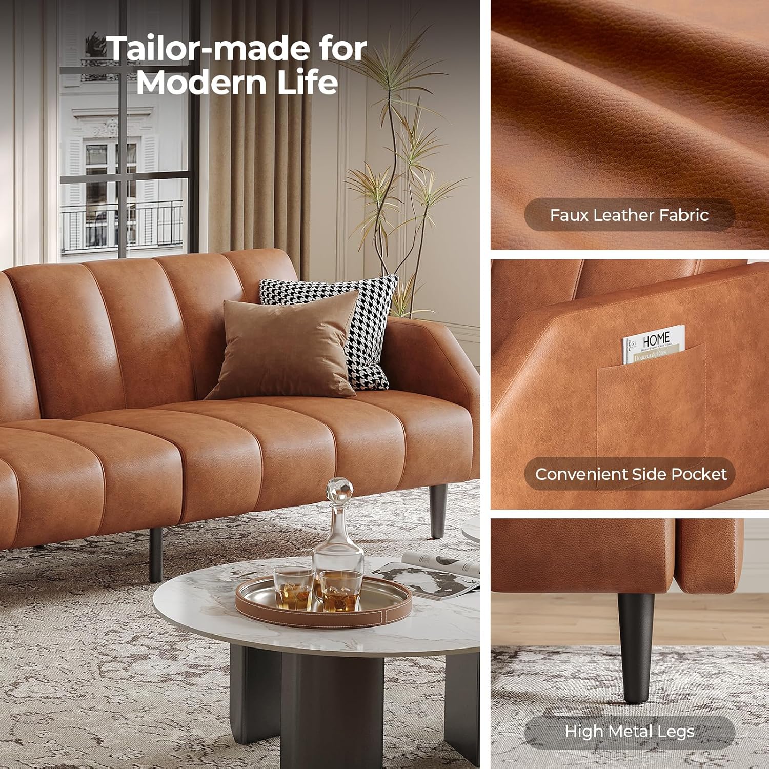 Fadware 78'' Futon Sofa Bed Couch, 2 Seater Faux Leather Futon Sleeper Couches with Adjustable Sofa Backrest, Convertible Loveseat Sofa Bed for Living Room, Bedroom, Office, Loft, Brown