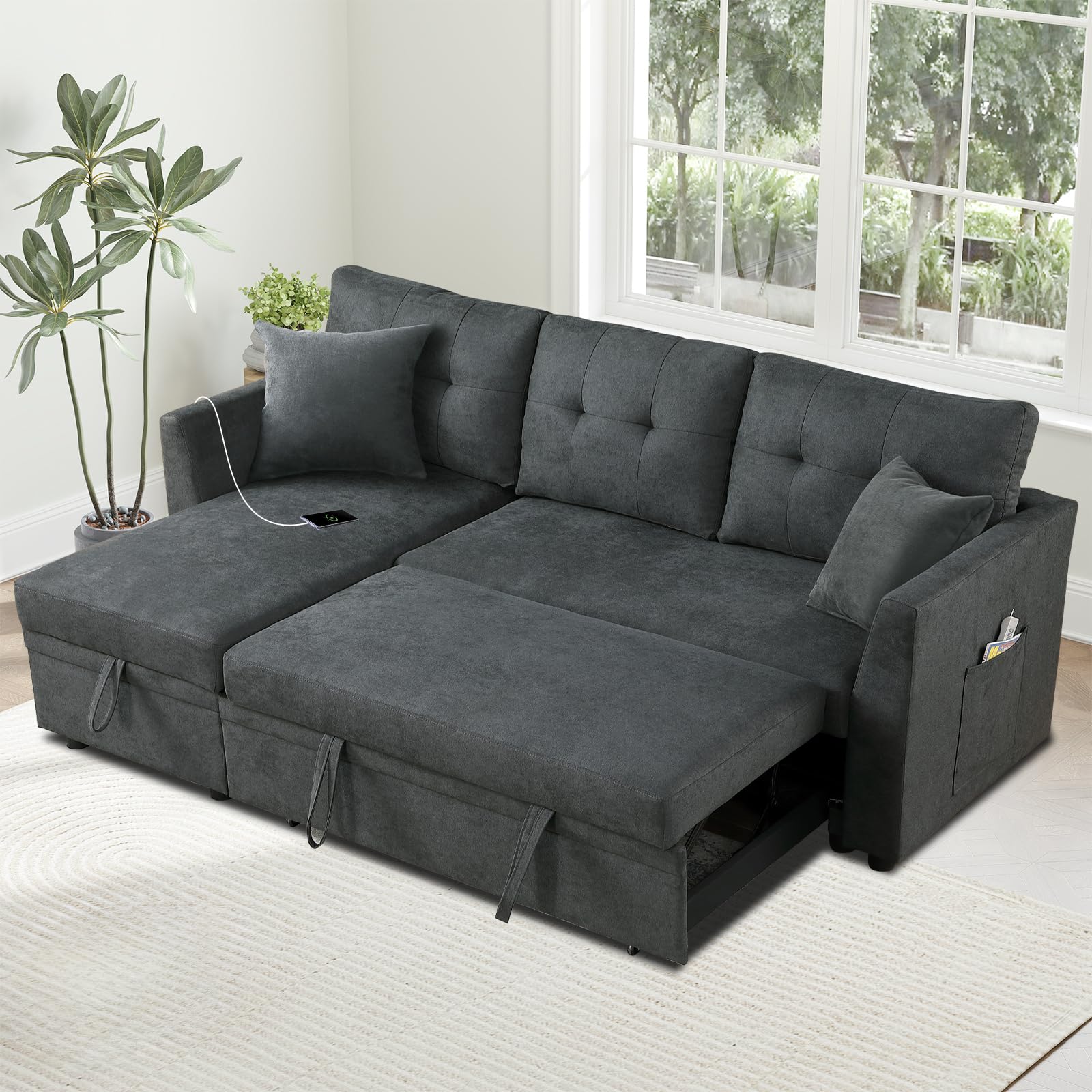 L Shape Sofa with Storage, Pull Out Couch Bed with USB&Type-C Ports, Convertible Sleeper Sofa, Futon Chaise Lounge Recliner for Living Room, Apartment, Bedroom, Office, Ink Blue