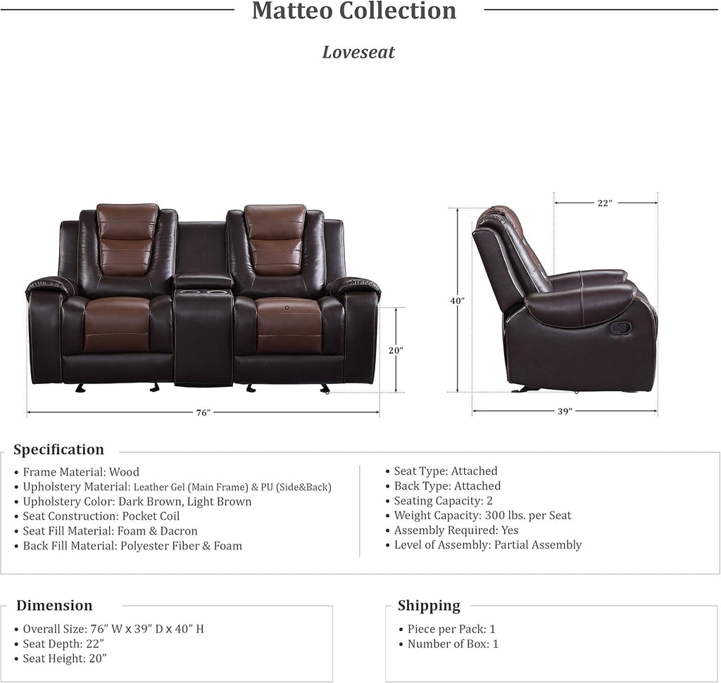 Lexicon Reclining Living Room Set, Manual Reclining Sofas, Couches for Living Room, Home Theater Seating, Includes Reclining Sofa and Double Gliding Loveseat, 2-Piece Set, Two-Tone Brown​