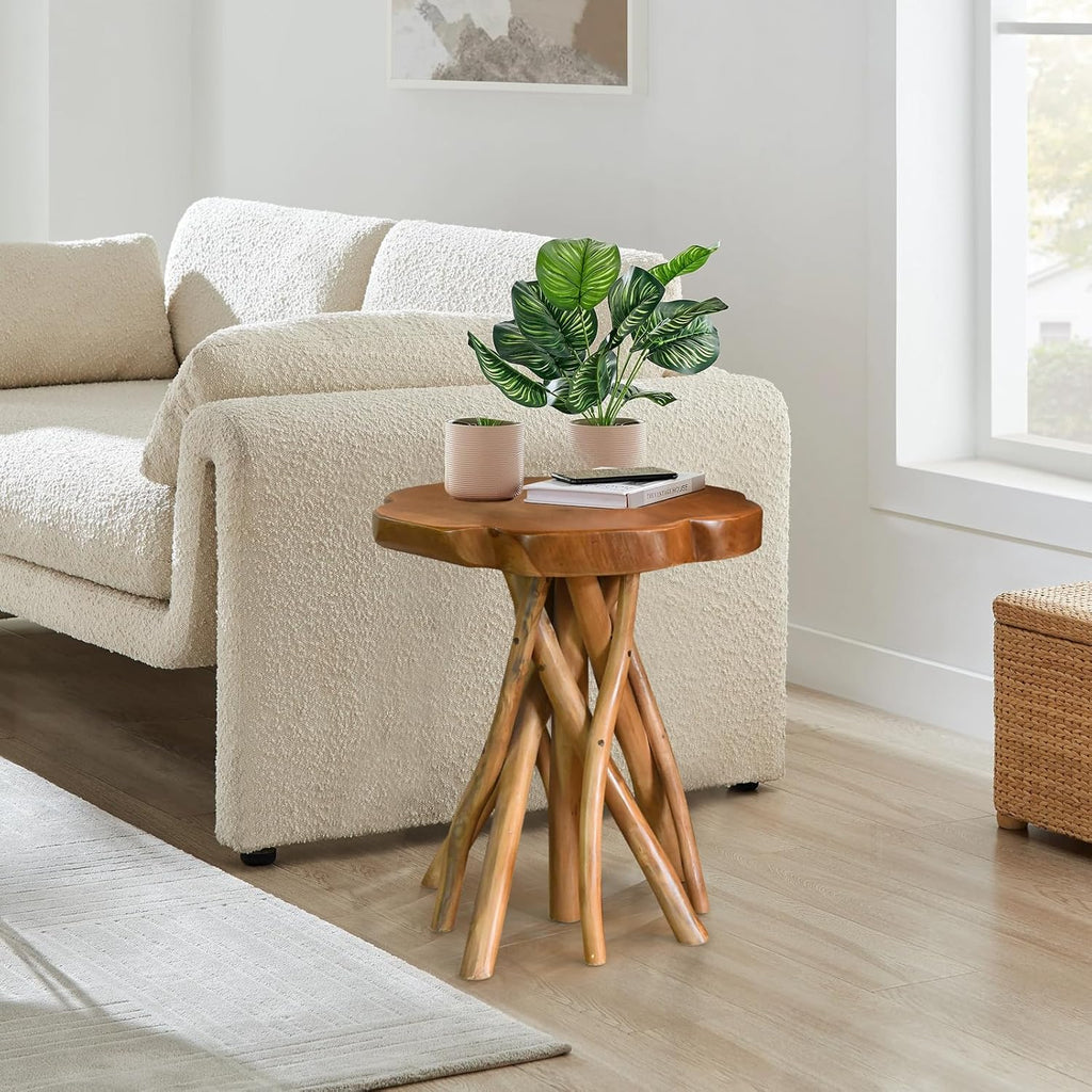 WELLAND Solid Teak Live Edge End Table,18" L x 18" W x 20" H Uniquie Side Table, Small Accent Table, Plant Stand for Living Room, Bedroom, Home Office