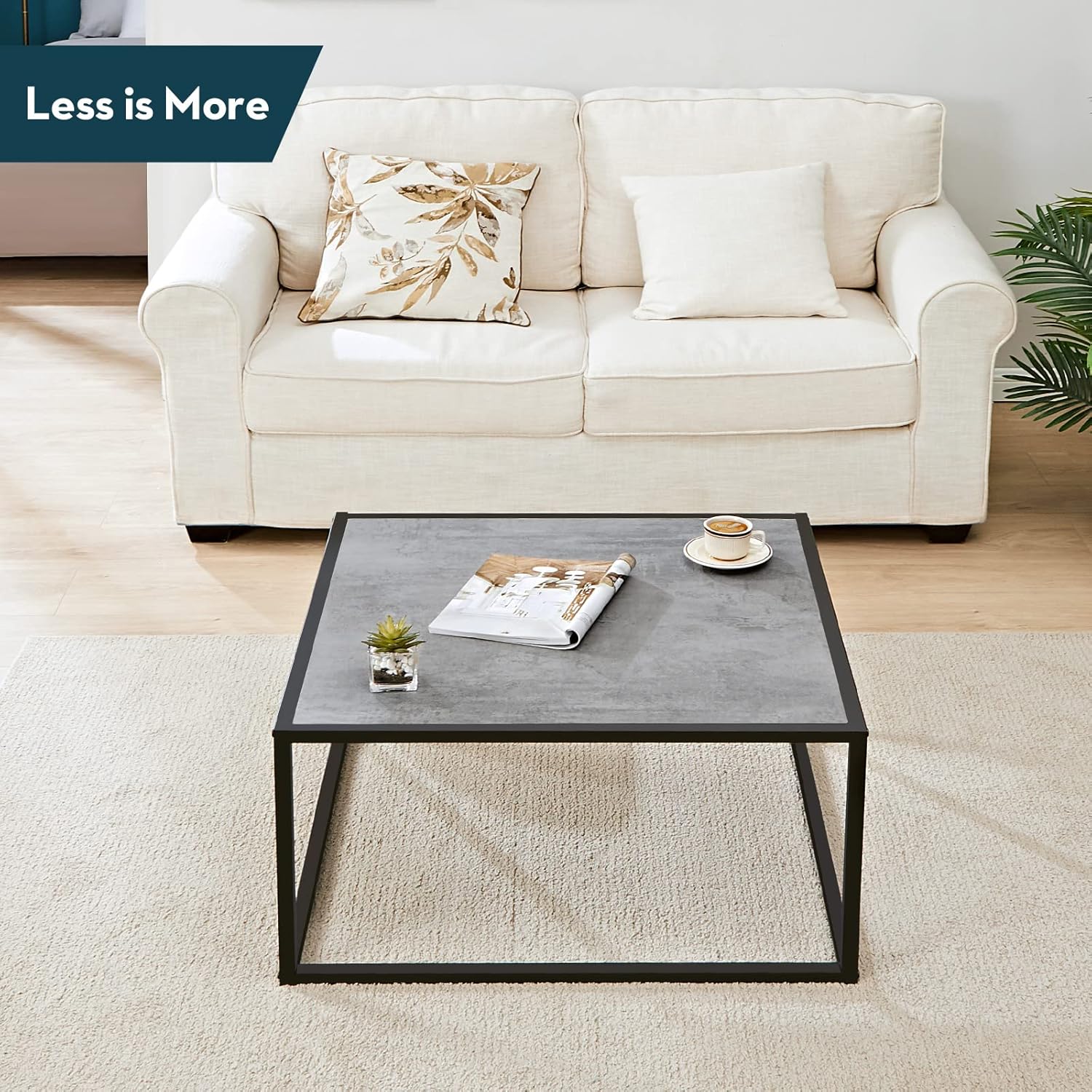 SAYGOER Small Coffee Table Square Modern Coffee Tables for Small Space Low Center Table for Living Room Office, Wood Top with Metal Frames, Easy Assembly, Gray Wood