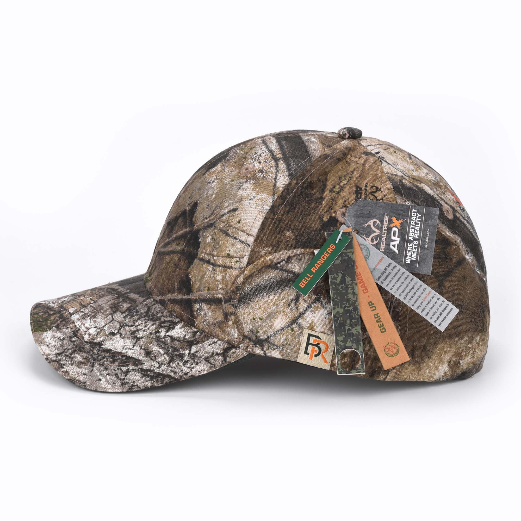 Bell Rangers Realtree APX Camo Baseball Cap Hat for Men and Women 100% Cotton Twill (Peached) (US, Alpha, One Size, Plain Cap with Green Visor)