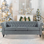 Chesterfield Sofas for Living Room, Black Rolled Arm 3-Seater Leather 84" Large Couch Deep Button Nailhead Tufted Upholstered Couches for Bedroom, Office Apartment Easy to Assemble