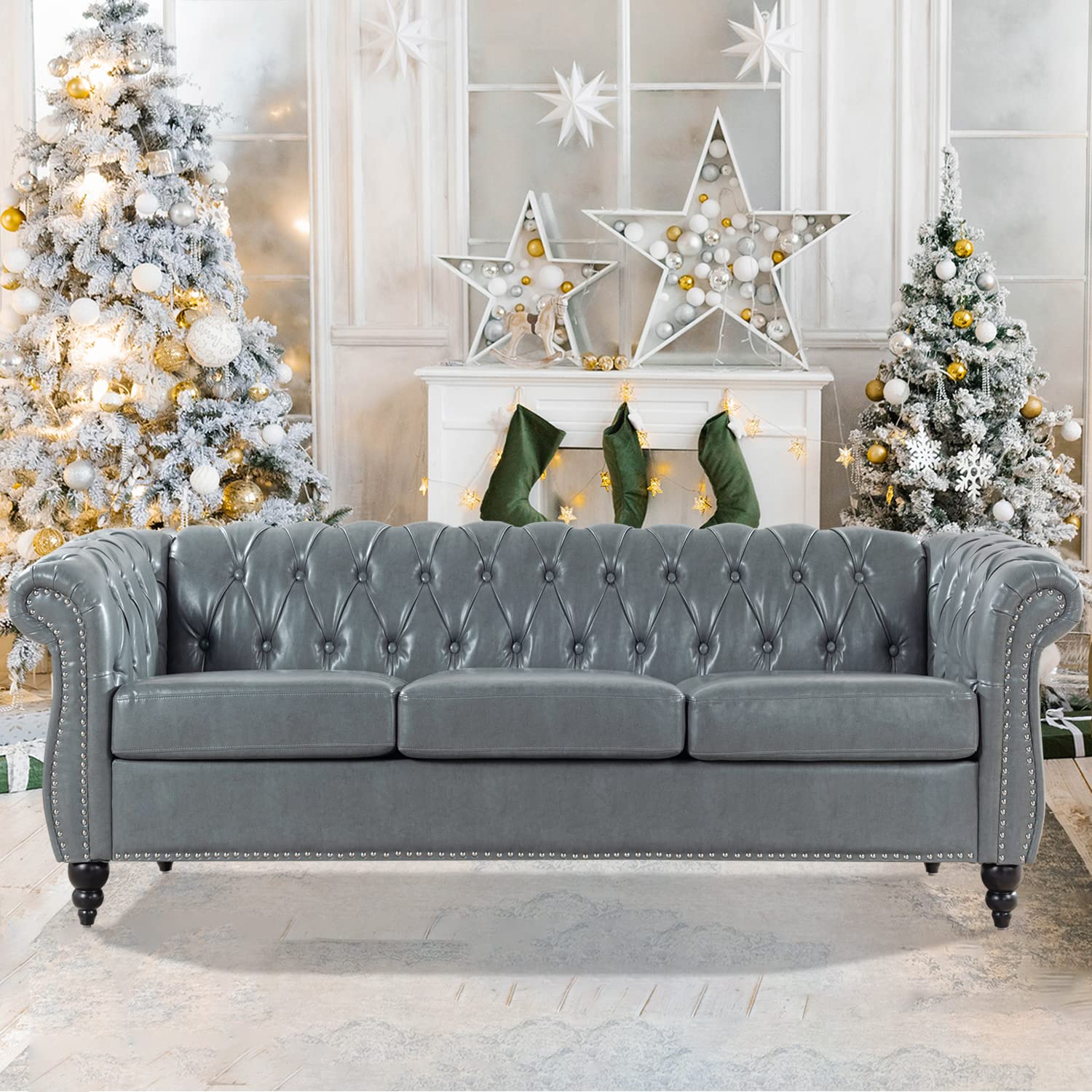 Chesterfield Sofas for Living Room, Black Rolled Arm 3-Seater Leather 84" Large Couch Deep Button Nailhead Tufted Upholstered Couches for Bedroom, Office Apartment Easy to Assemble