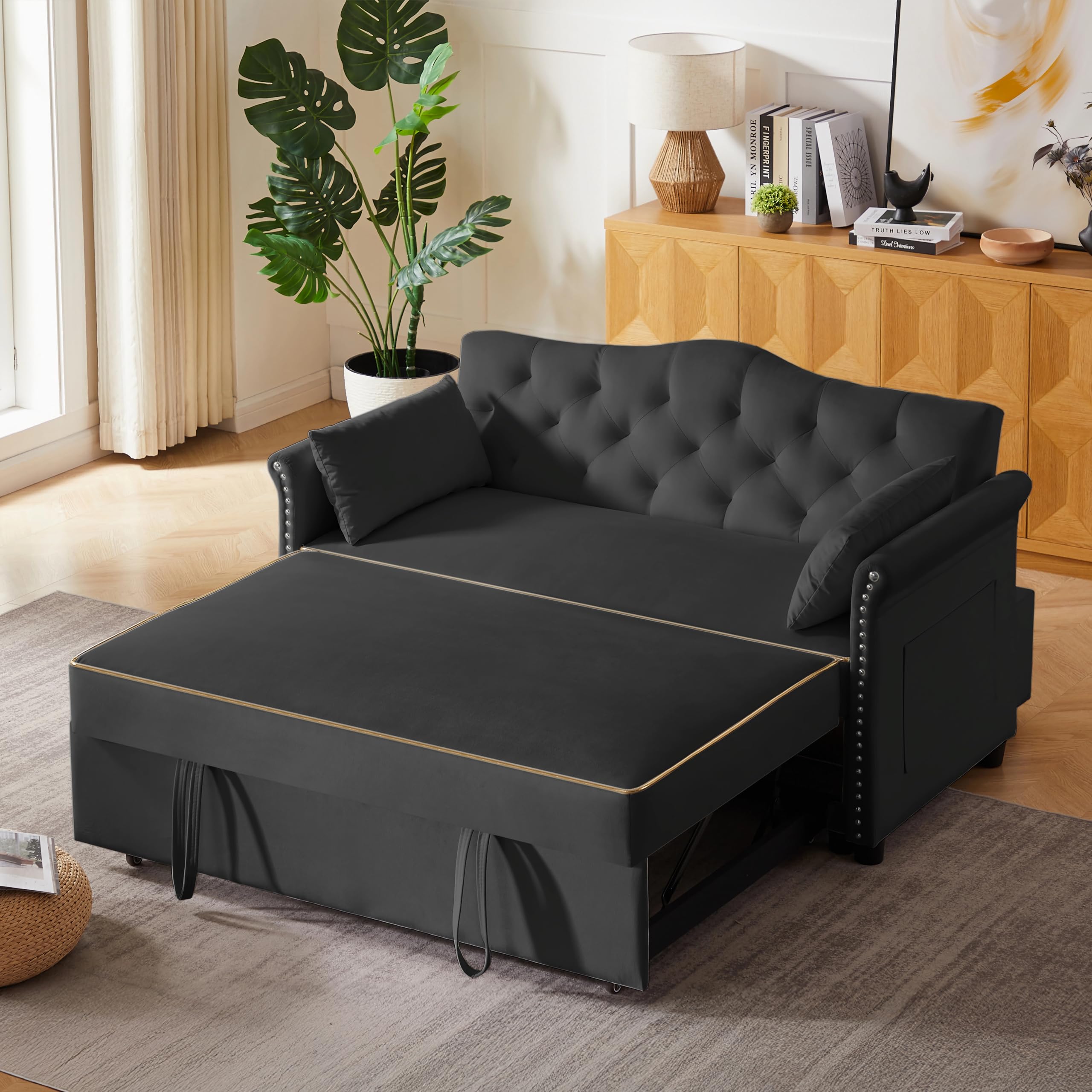 65'' 3-in-1 Folding Convertible Sofa Bed, Pullout Sofa, Modern Chenille Fabric, 360° Swivel Side Table, Easy Assembly, Perfect for Living Room, Black