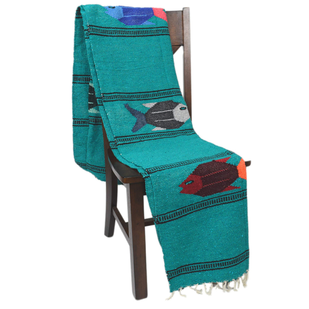 Open Road Goods Thick Mexican Yoga Blanket - Serape Fish Design - Handmade (Turquoise)