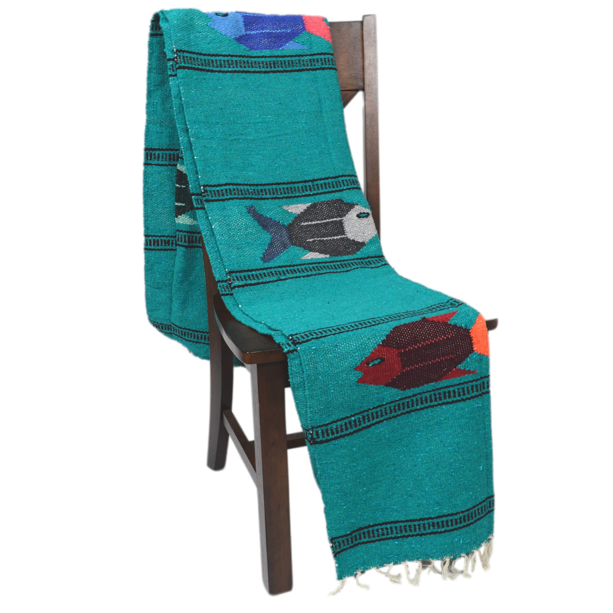 Open Road Goods Thick Mexican Yoga Blanket - Serape Fish Design - Handmade (Turquoise)
