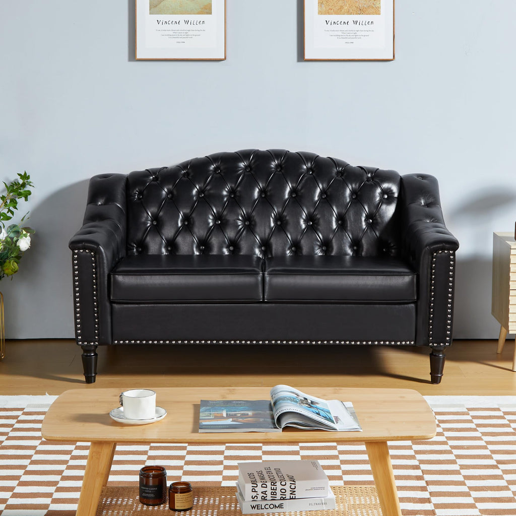 AVZEAR 82" Three Seater Leather Sofa, Chesterfield Sofa, Mid-Century Modern PU Upholstered Sofa Couch, Deep Button Tufted Living Room Sofa with Two Throw Pillows, Black