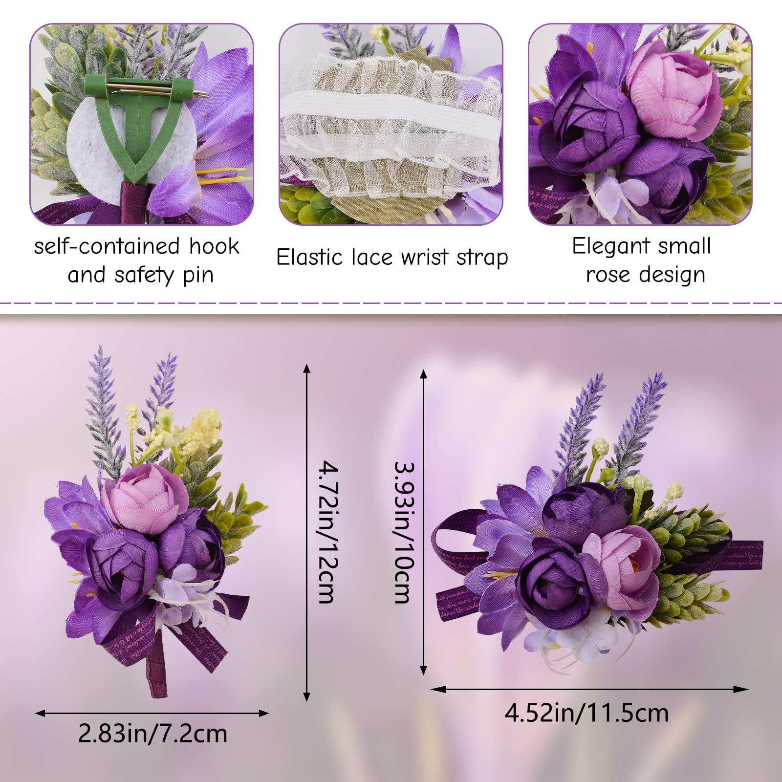 URROMA Wrist Corsage and Boutonniere Set, 1 Set Small Rose Purple Hand Flower for Prom Artificial Wedding Wrist Corsage for Wedding Party Prom