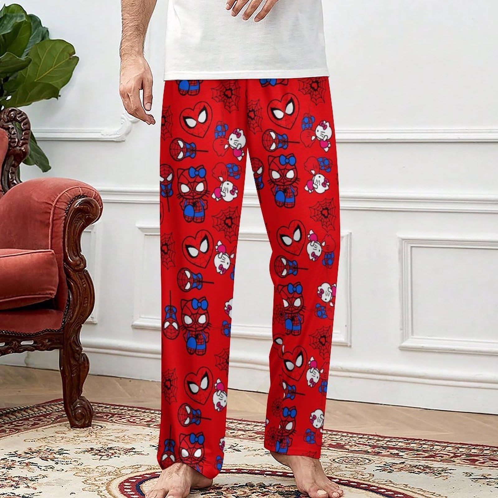 Anime Pajamas for Women Men Cartoon Cat Unisex Couple All Over Print Bottoms Sleep Pajama Pants Christmas Valentine Gifts Red M