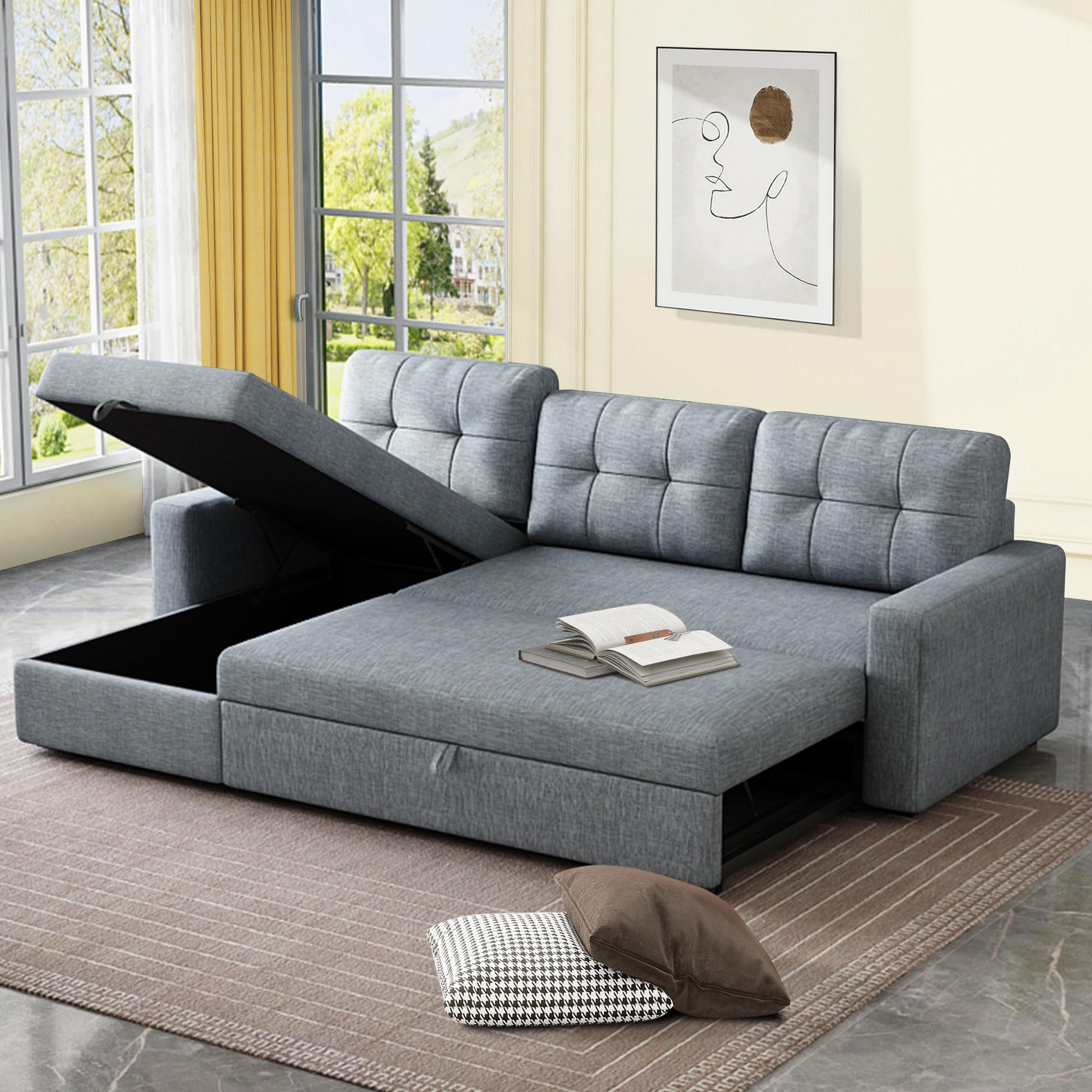 Upholstered Sleeper Sofa, L Shaped Sectional Couch with Reversible Storage, Convertible Corner Lounge Couches w/Pull Out Sofabed for Living Room, Apartment,Dark Grey