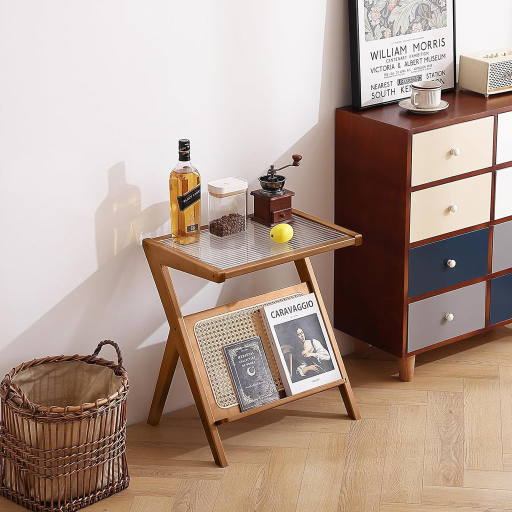 Tiita Rattan Side Table, Mid Century Nightstand, Bamboo Accent Bedside Tables, Glass Coffee Tables, Boho Wooden End Table with Storage for Small Space, Living Room and Bedroom