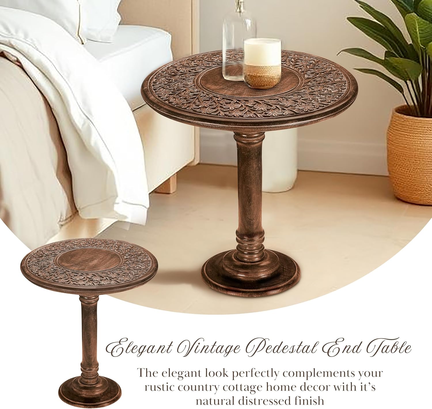 Wooden End Table for Living Room - 18x22 Burnt Finish Carved Side Table, Single Pillar Nightstand, Bedside Table for Books, Plants, Magazines, Small Space Accent Table