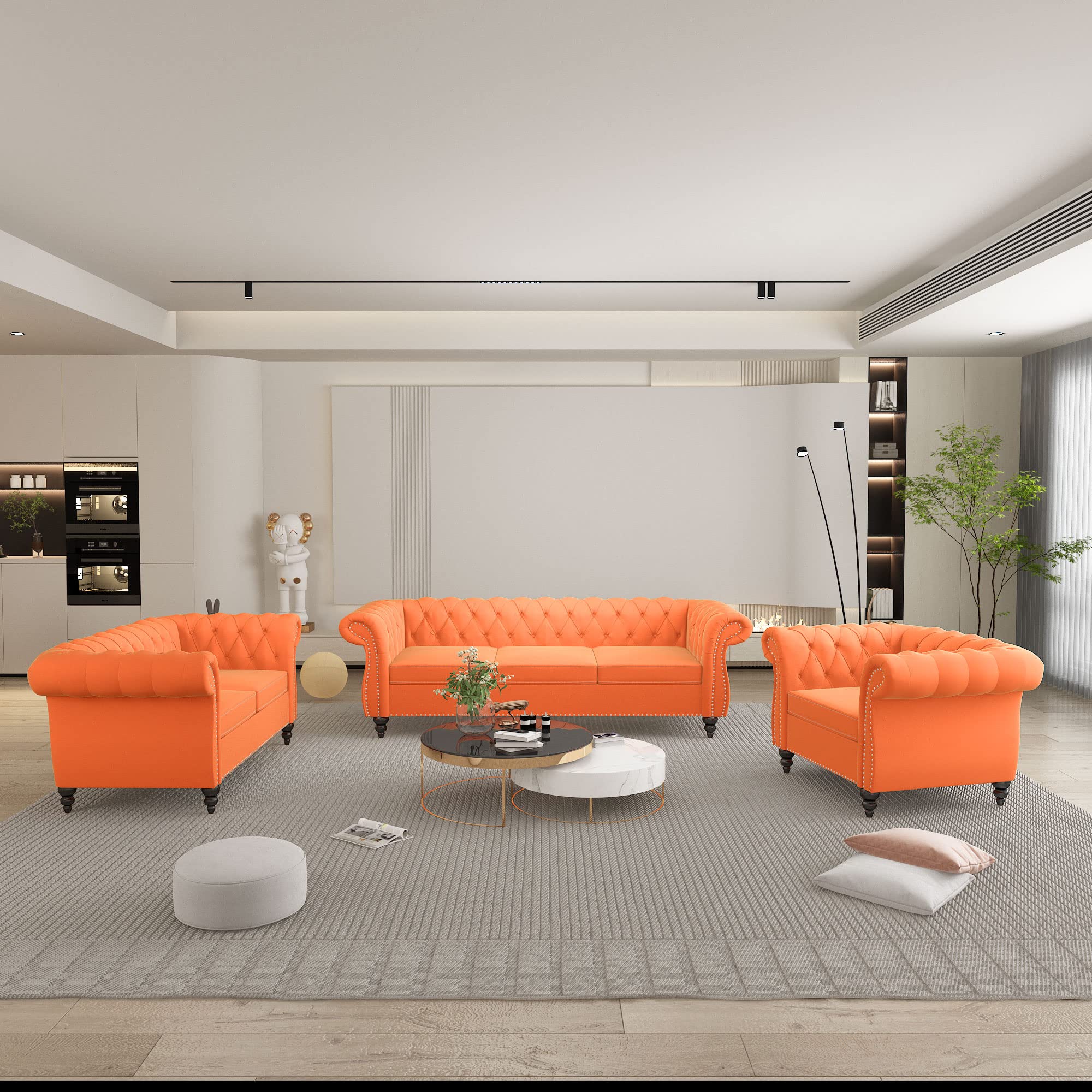 QHITTY 3 Piece Living Room Set, Sectional Chesterfield Sofa Chair Contemporary Upholstered Leather Loveseat Couch Sets for Living Room, Bedroom, Office