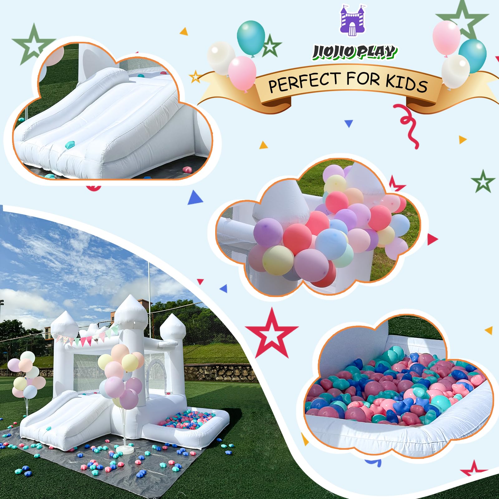 JIOJIOPLAY 9FT White Bounce House,Inflatable Toddler Bouncy House for 3-6 Age Kids Party Gift with Blower White Jumper Bouncy Castle Wedding Decorations for Outdoor Play Backyard - Grand Goldman