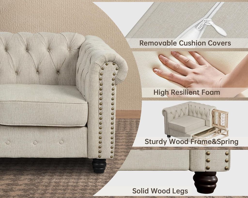 Morden Fort Classic Chesterfield Sofa Set 82'', Tufted Sofa Couch Set with Solid Wood Legs Thick Cushion, Pet-Friendly 3-Seater Sofas Couches for Living Room Bedroom Apartment - Linen Beige