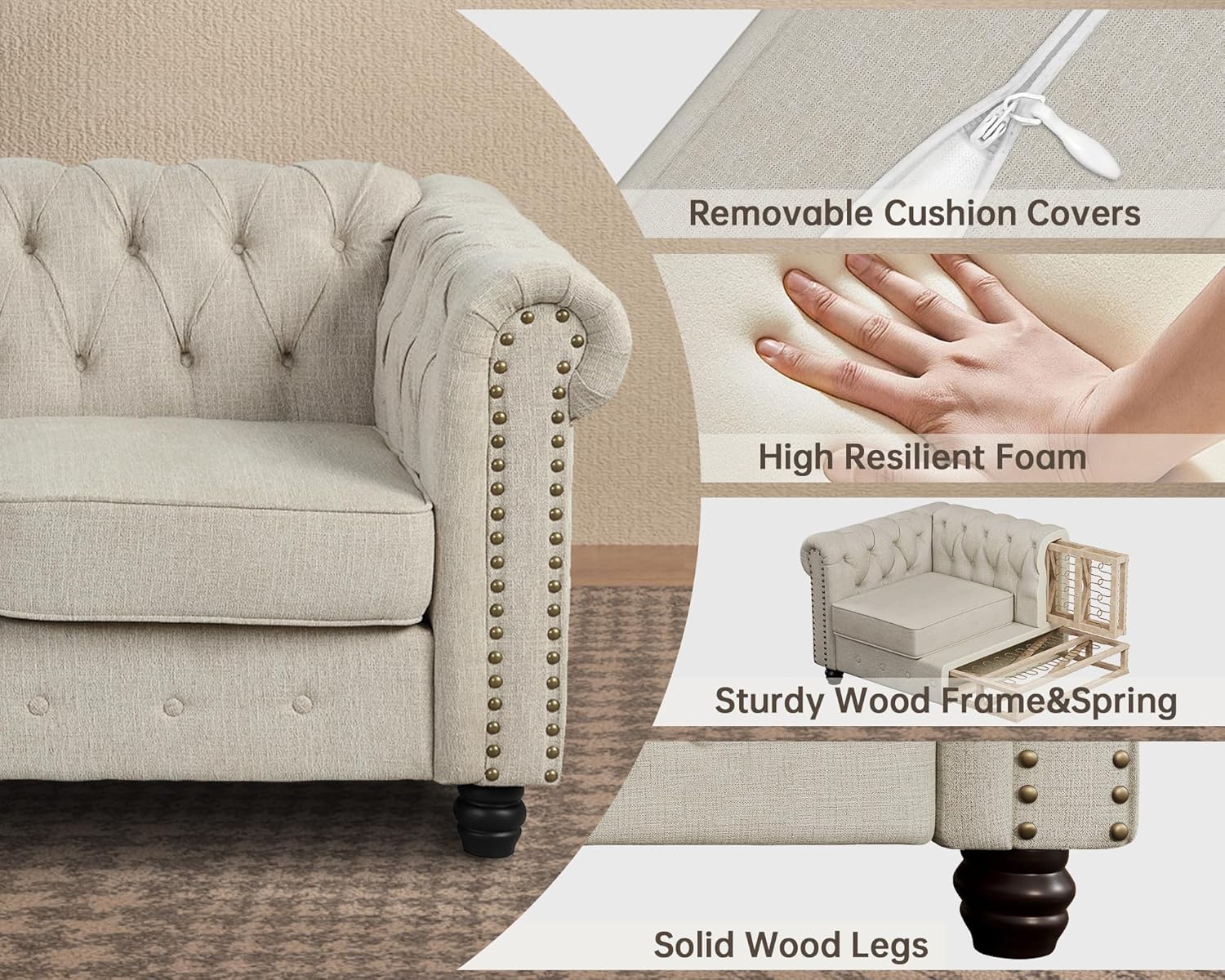 Morden Fort Classic Chesterfield Sofa Set 82'', Tufted Sofa Couch Set with Solid Wood Legs Thick Cushion, Pet-Friendly 3-Seater Sofas Couches for Living Room Bedroom Apartment - Linen Beige