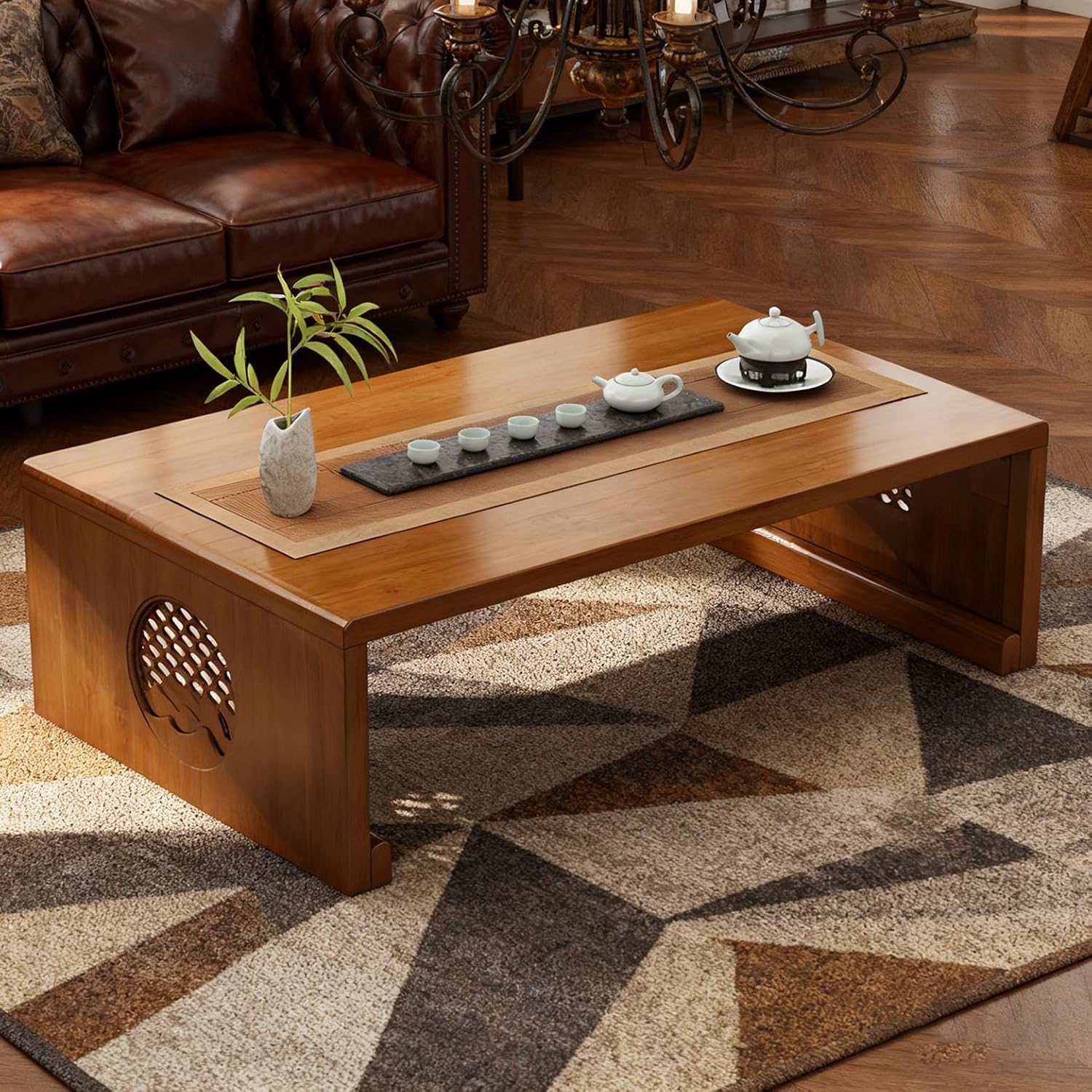 2025 Newly Upgraded Japanese Floor Table Folding Japanese Coffee Table No Assembly, Solid Wood Low Tatami Table Portable Japanese Style Low Tea Coffee Table for Sitting on The Floor Easy Storage