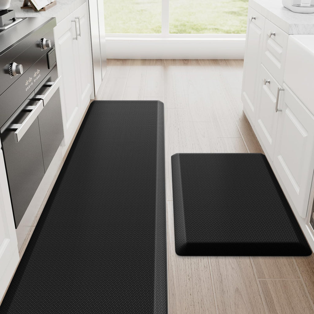 StepRite Kitchen Mats, 2PCS Kitchen Rugs, Cushioned Anti Fatigue Kitchen Mats for Floor, Non-Slip Standing Desk Mat, Waterproof Kitchen Rug Set for Kitchen, Floor, Office, 17.3"x30"+17.3"x47", Black