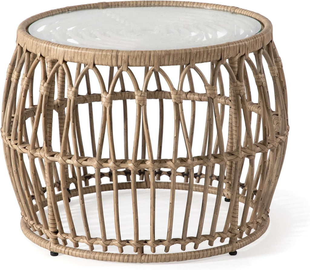 Muse & Lounge Co. Ysar Boho Rattan Round Coffee Table Outdoor with 5mm Tempered Glass Top, All-Weather and Rust Resistant Patio Furniture