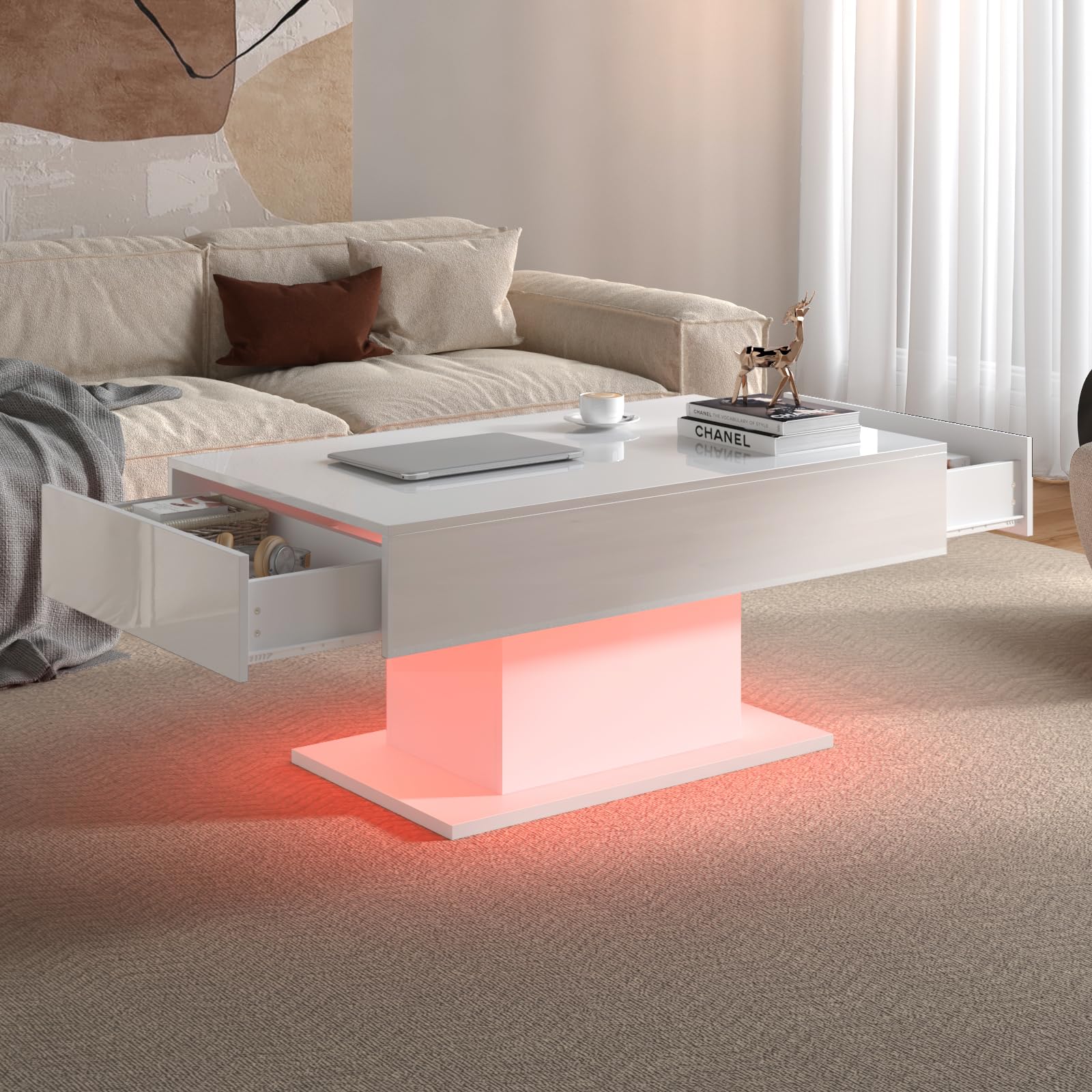 Led Coffee Table for Living Room, Living Room Table Rectangular Center Table, Modern High Glossy Wooden Coffee Tables with 16 Colors LED Lights for Dining Reception Room, White