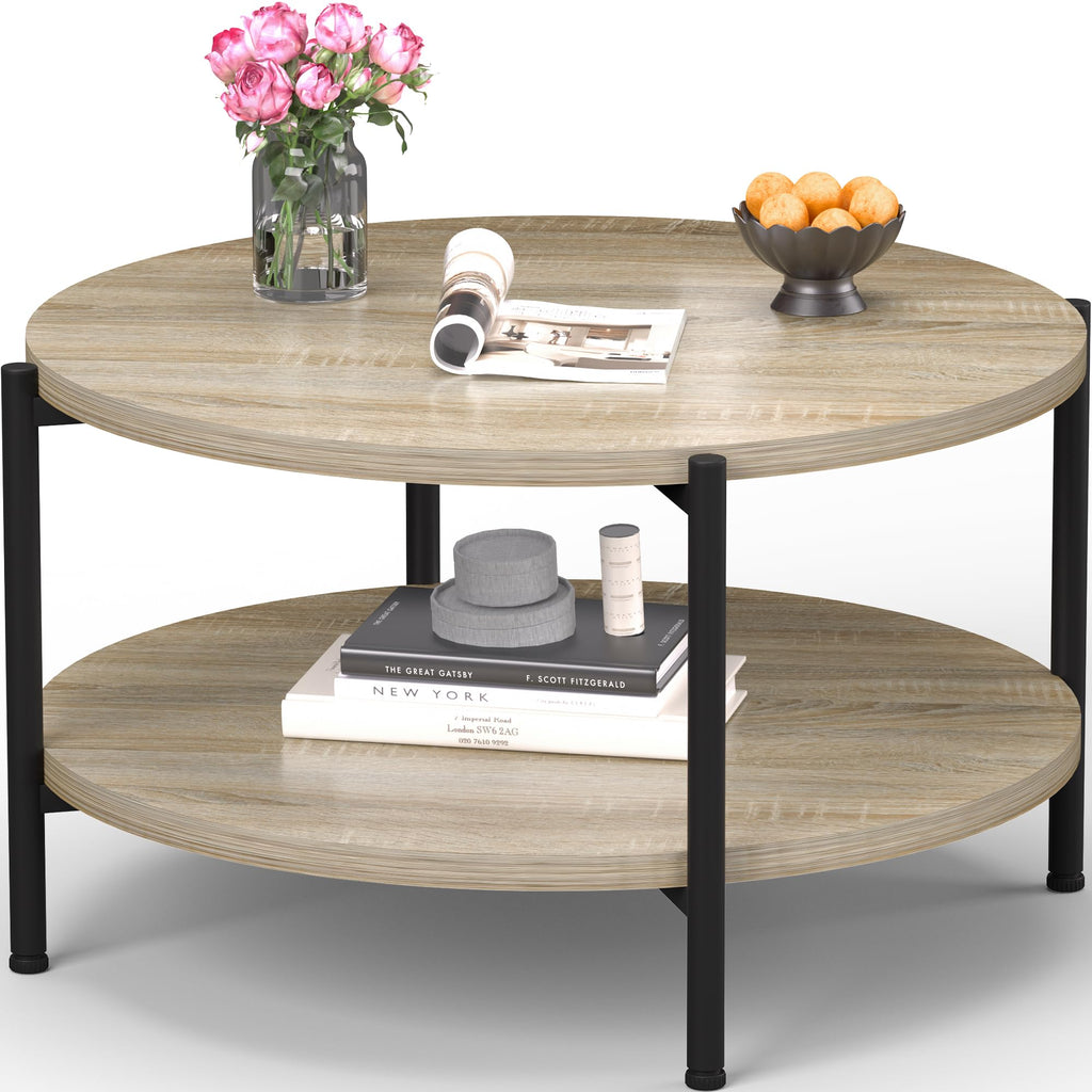 Round Coffee Table, Small Coffee Tables for Living Room, Wood Coffee Table with Metal Frame, Floor Table Desk for Sitting on The Floor, Home, Office, Farmhouse, Rustic Brown (23.6"D x 17.7"H)